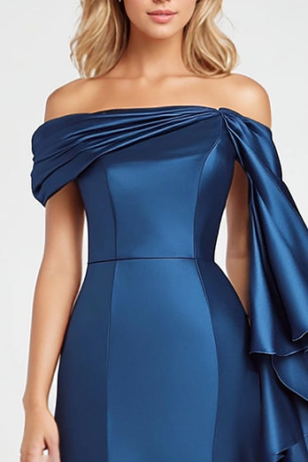 Dunkelblau Schulterfreie Meerjungfrau Satin Langes Abendkleid