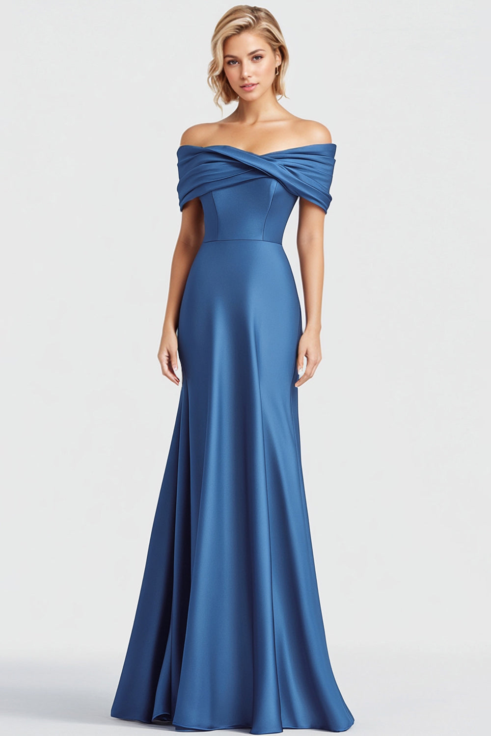 Blau Meerjungfrau Satin Schulterfrei Gerüscht Langes Abendkleid