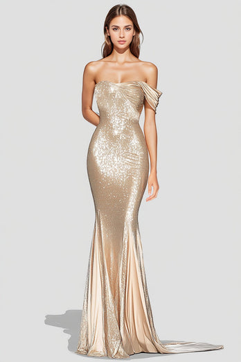 Meerjungfrau Glitzer Champagner Asymmetrisch Langes Abendkleid
