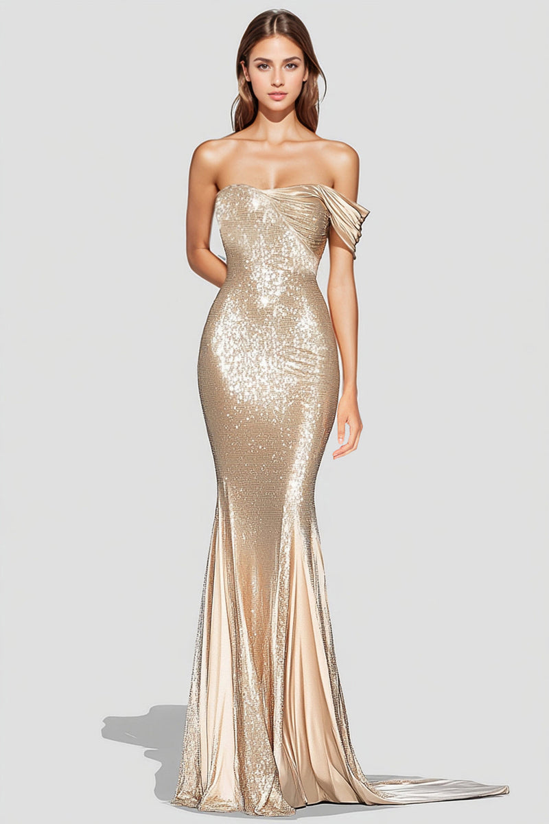 Laden Sie das Bild in den Galerie-Viewer, Meerjungfrau Glitzer Champagner Asymmetrisch Langes Abendkleid
