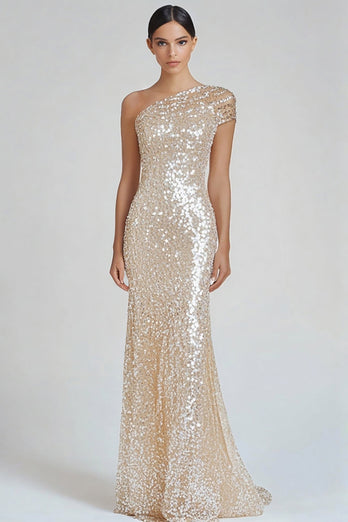 Champagner Eine Schulter Glitzer Pailletten Langes Abendkleid