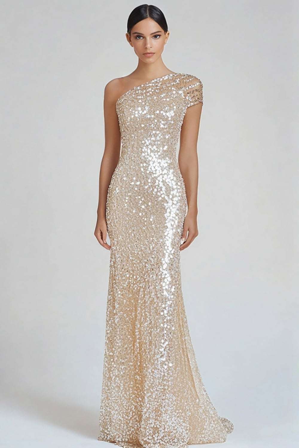 Champagner Eine Schulter Glitzer Pailletten Langes Abendkleid