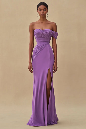 Lila Chiffon Schulterfreie Gerafftes Langes Abendkleid mit Schlitz