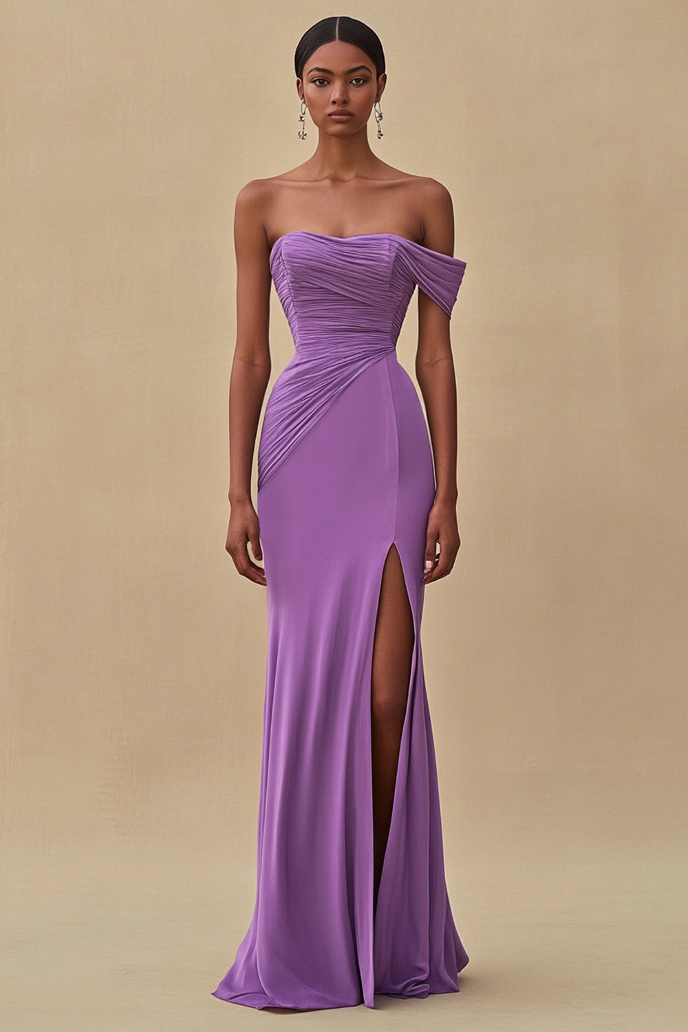 Lila Chiffon Schulterfreie Gerafftes Langes Abendkleid mit Schlitz