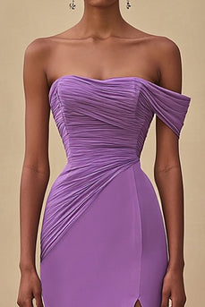 Lila Chiffon Schulterfreie Gerafftes Langes Abendkleid mit Schlitz