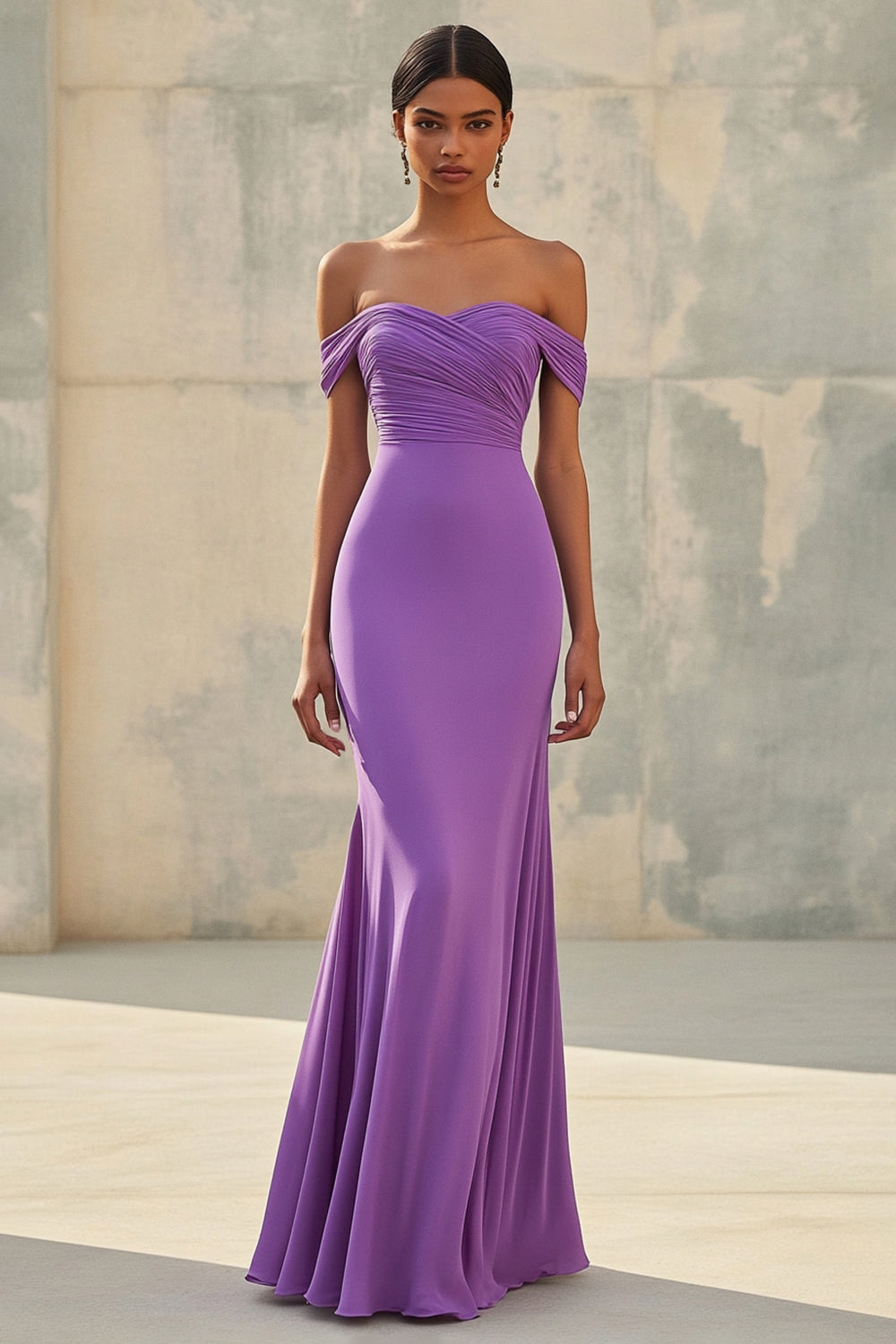 Elegant Lila Schulterfreie Herzhals Langes Abendkleid