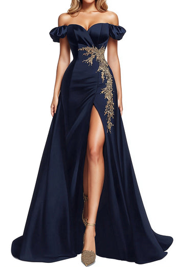 Glitzer Marineblau Puffärmel Satin Langes Abendkleid mit Schlitz