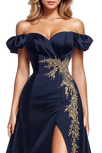 Glitzer Marineblau Puffärmel Satin Langes Abendkleid mit Schlitz