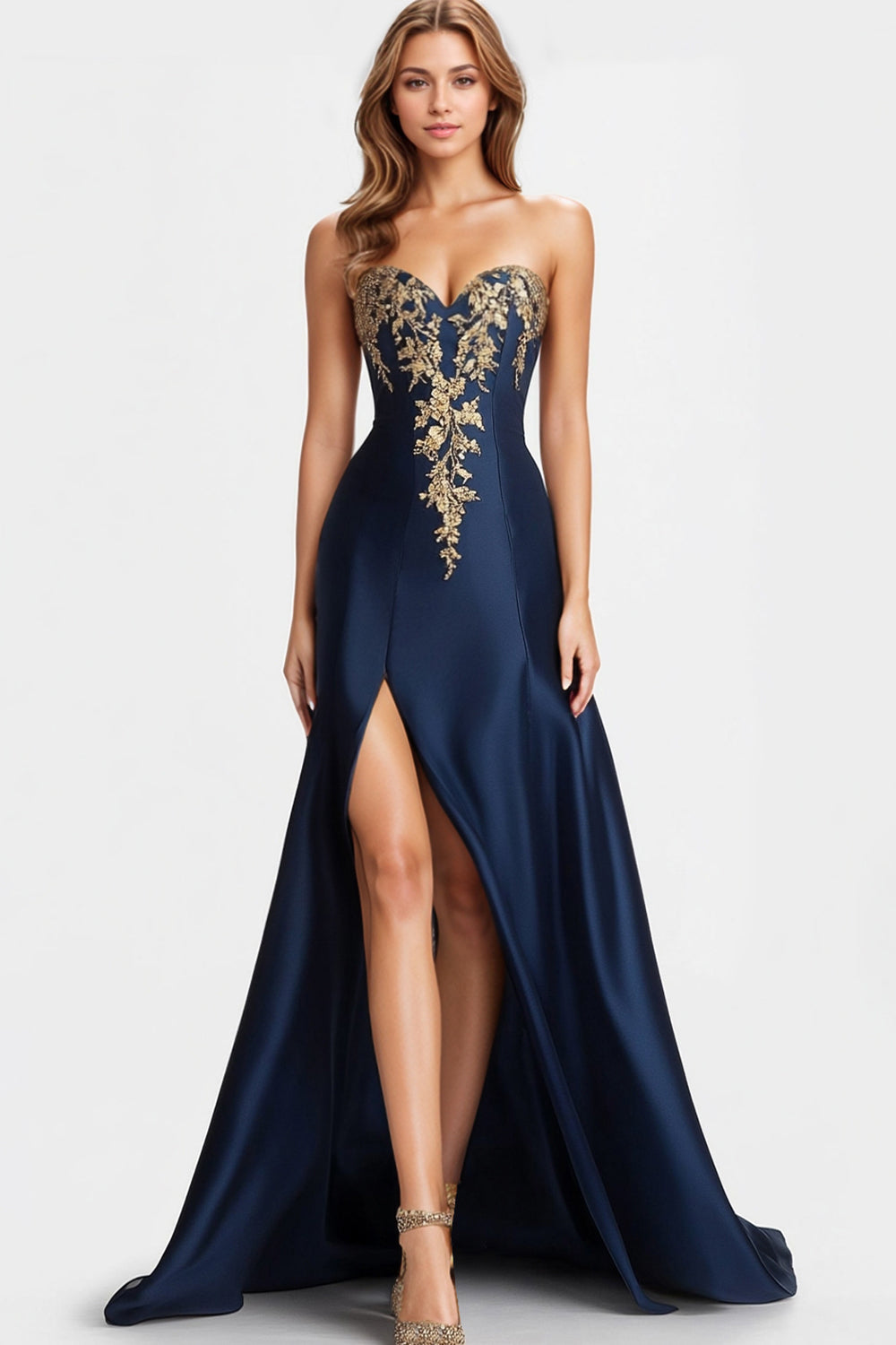 Marineblau Glitzer Herzhals Satin Langes Abendkleid mit Schlitz
