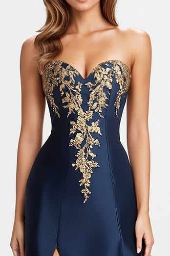 Marineblau Glitzer Herzhals Satin Langes Abendkleid mit Schlitz
