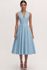 Laden Sie das Bild in den Galerie-Viewer, Blau A Linie V-Ausschnitt Satin Langes Abendkleid