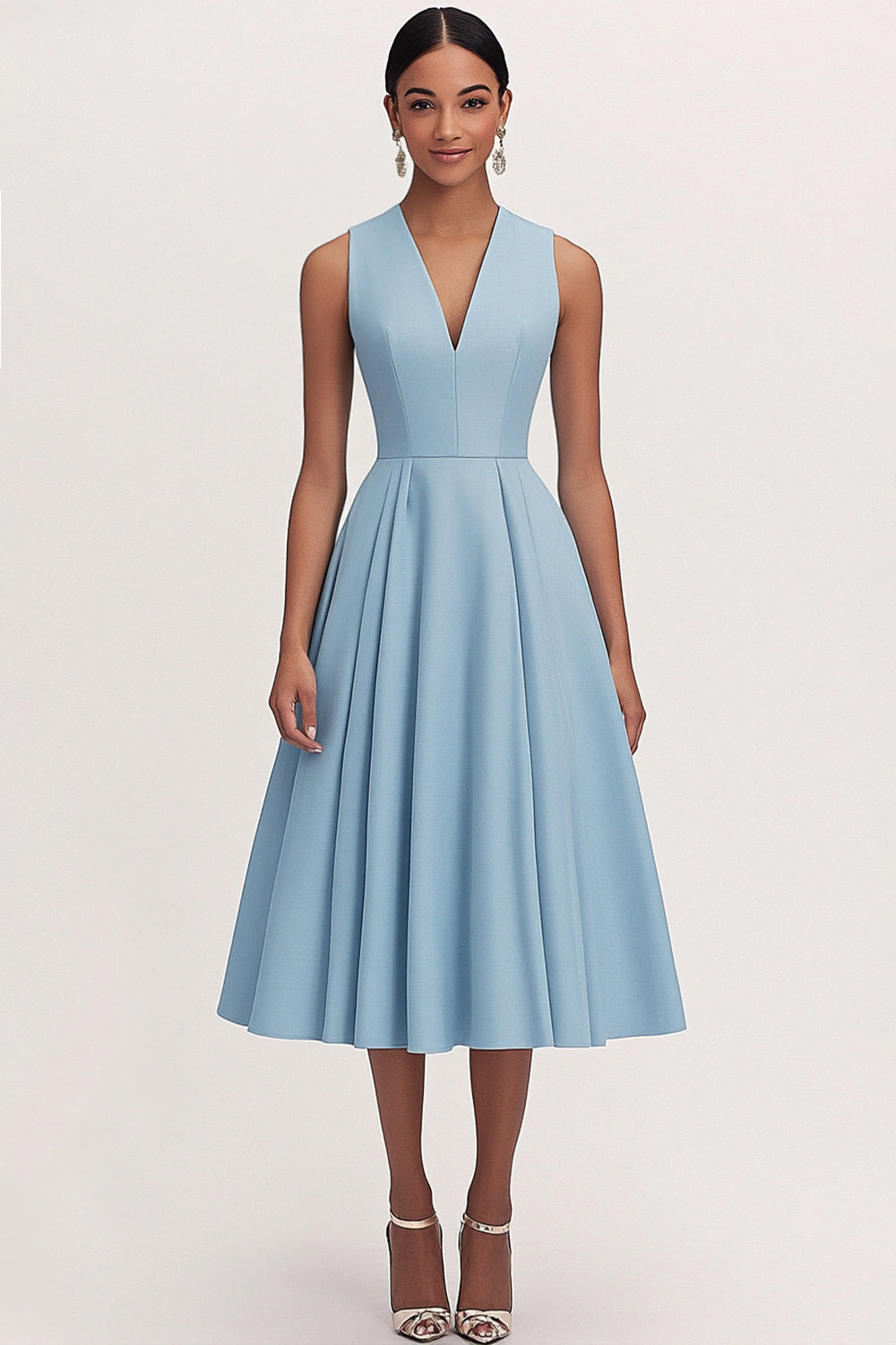 Blau A Linie V-Ausschnitt Satin Langes Abendkleid