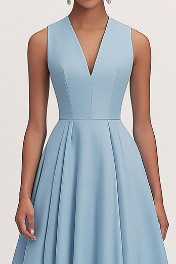 Blau A Linie V-Ausschnitt Satin Langes Abendkleid