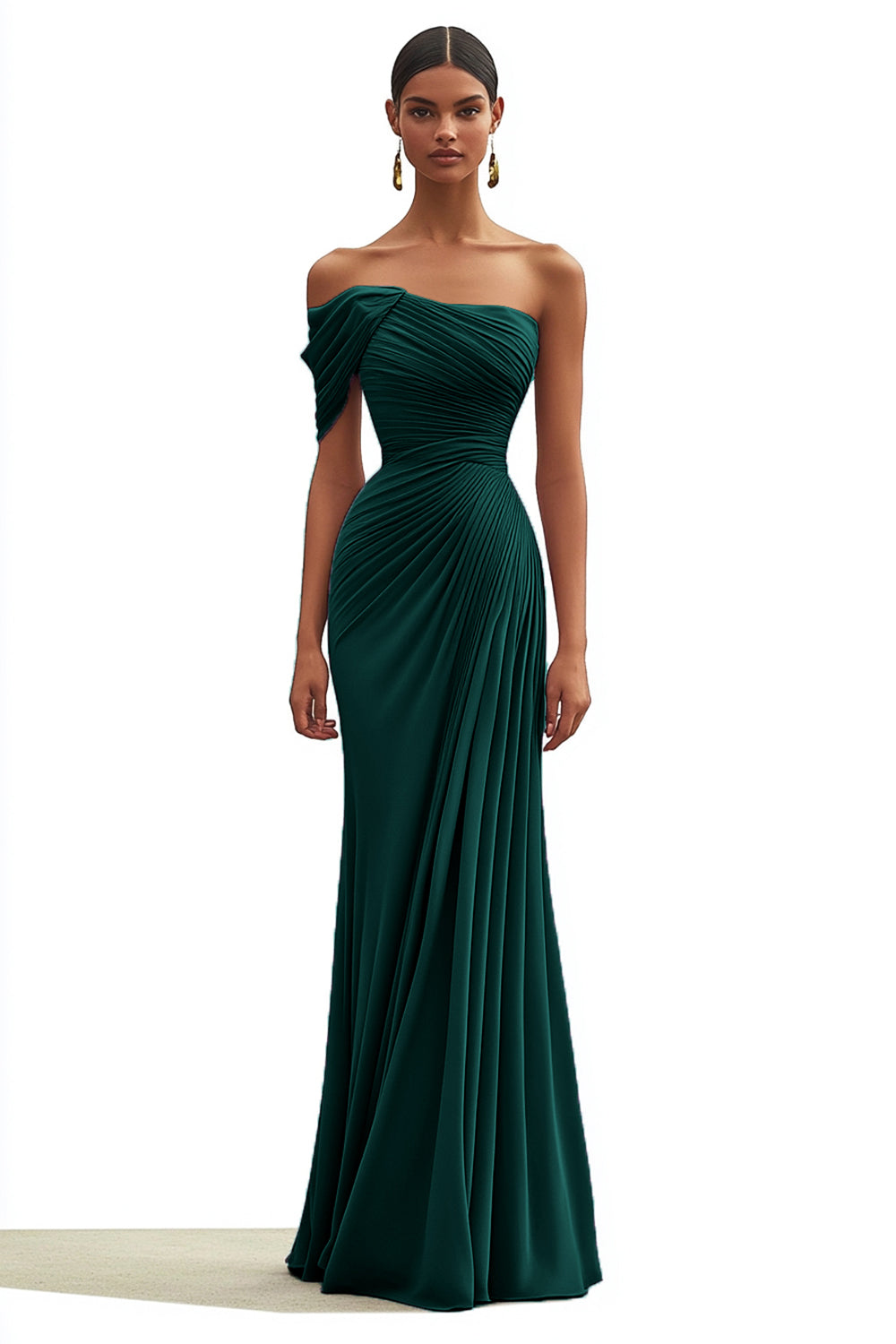 Dunkelgrün Schulterfreie Chiffon Langes Abendkleid mit Plisseefalten