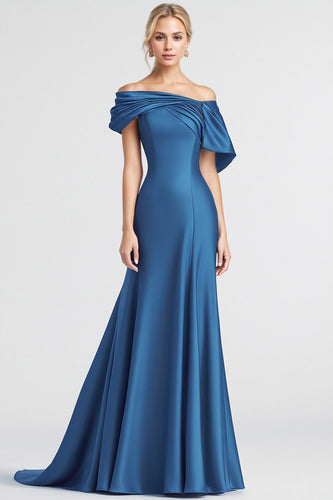 Blau Satin Schulterfreie Meerjungfrau Langes Abendkleid
