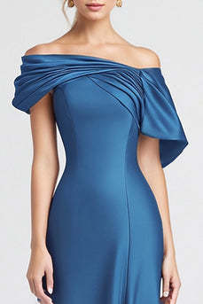 Blau Satin Schulterfreie Meerjungfrau Langes Abendkleid