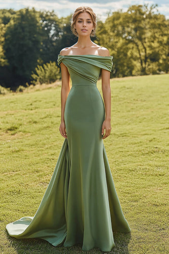 Salbei Meerjungfrau Schulterfrei Satin Langes Abendkleid