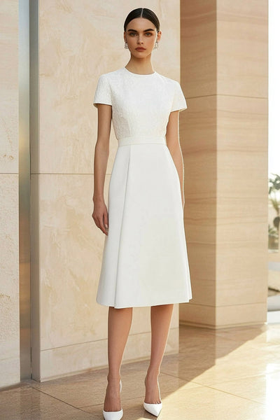 Weiß Rundhals Satin Midi Abendkleid mit Kurz Ärmeln