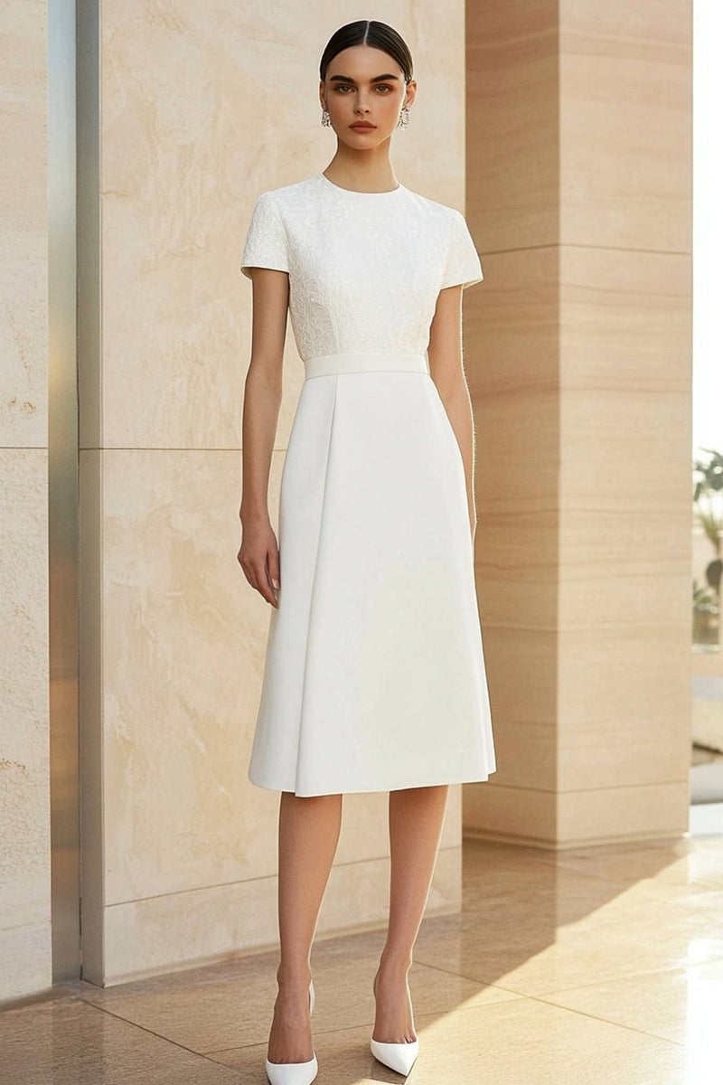 Laden Sie das Bild in den Galerie-Viewer, Weiß Rundhals Satin Midi Abendkleid mit Kurz Ärmeln