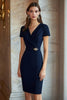 Laden Sie das Bild in den Galerie-Viewer, Marineblau Bodycon V-Ausschnitt Kurz Ärmeln Abendkleid