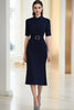 Laden Sie das Bild in den Galerie-Viewer, Marineblau Kragen Ausschnitt Etui Teelänge Abendkleid