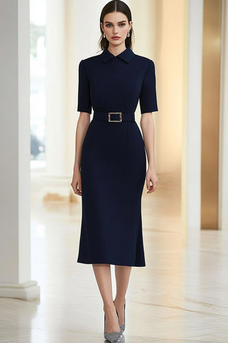Marineblau Kragen Ausschnitt Etui Teelänge Abendkleid