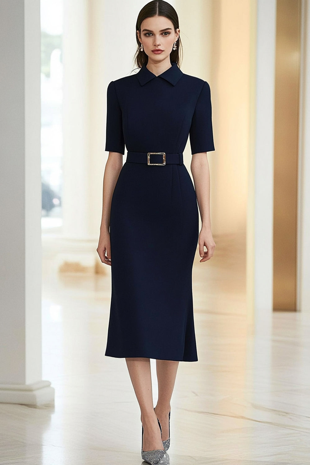 Marineblau Kragen Ausschnitt Etui Teelänge Abendkleid