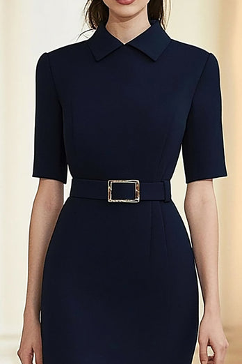 Marineblau Kragen Ausschnitt Etui Teelänge Abendkleid