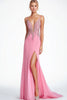Laden Sie das Bild in den Galerie-Viewer, Glitzer Rosa Spaghettiträger Korsett Langes Abendkleid mit Schlitz