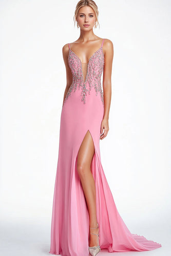 Glitzer Rosa Spaghettiträger Korsett Langes Abendkleid mit Schlitz