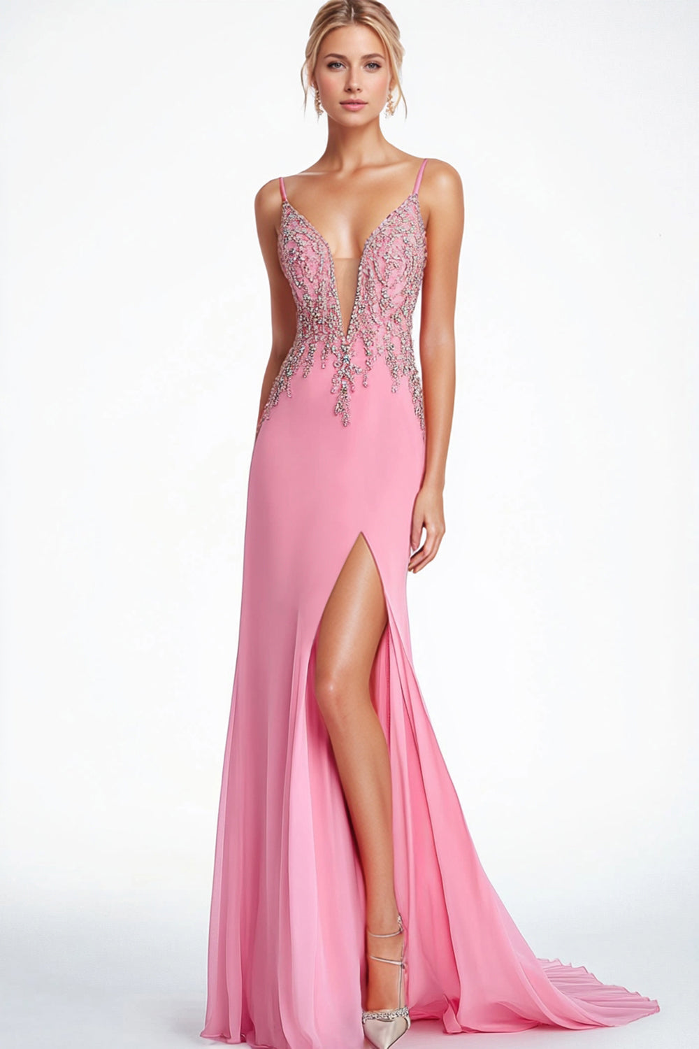 Glitzer Rosa Spaghettiträger Korsett Langes Abendkleid mit Schlitz