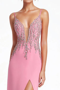 Glitzer Rosa Spaghettiträger Korsett Langes Abendkleid mit Schlitz