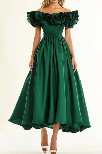 Dunkelgrün Schulterfreie A-Linie Langes Abendkleid mit Rüschen