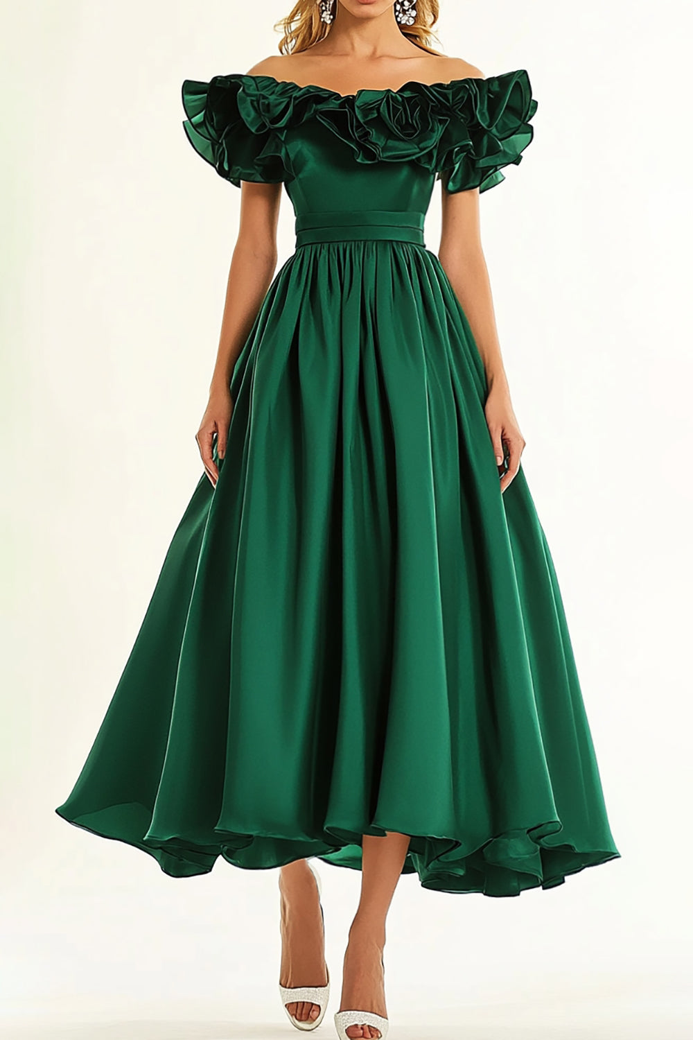 Dunkelgrün Schulterfreie A-Linie Langes Abendkleid mit Rüschen