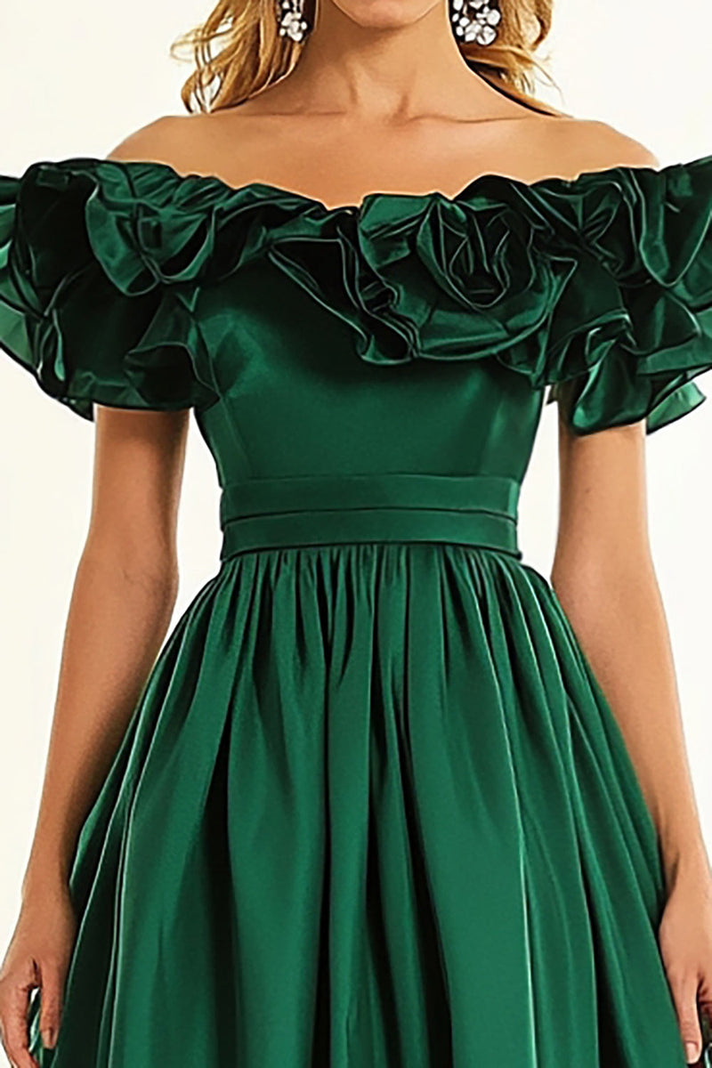 Laden Sie das Bild in den Galerie-Viewer, Dunkelgrün Schulterfreie A-Linie Langes Abendkleid mit Rüschen