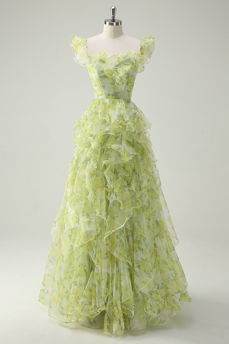 Laden Sie das Bild in den Galerie-Viewer, Staubiger Salbei Blumen Rüschen A Linie Langes Ballkleid