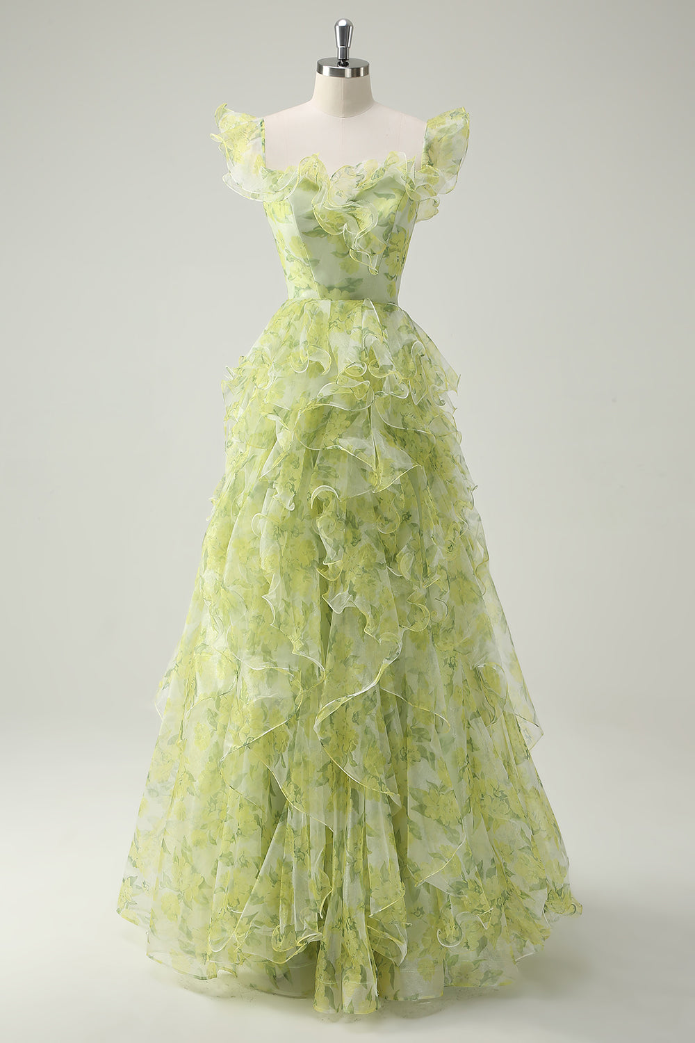 Staubiger Salbei Blumen Rüschen A Linie Langes Ballkleid