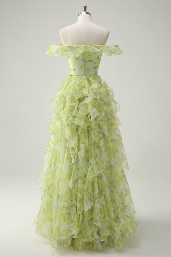 Staubiger Salbei Blumen Rüschen A Linie Langes Ballkleid