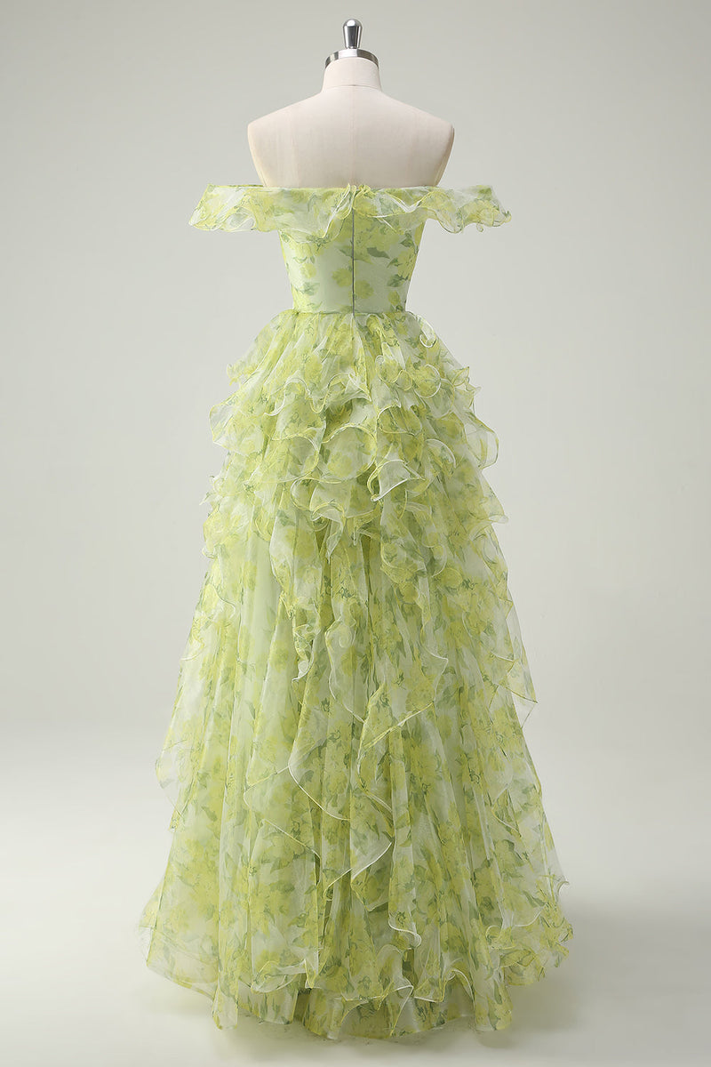 Laden Sie das Bild in den Galerie-Viewer, Staubiger Salbei Blumen Rüschen A Linie Langes Ballkleid