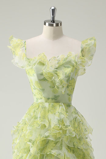 Staubiger Salbei Blumen Rüschen A Linie Langes Ballkleid