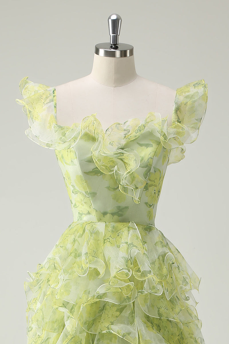 Laden Sie das Bild in den Galerie-Viewer, Staubiger Salbei Blumen Rüschen A Linie Langes Ballkleid