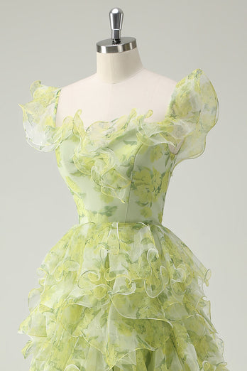 Staubiger Salbei Blumen Rüschen A Linie Langes Ballkleid