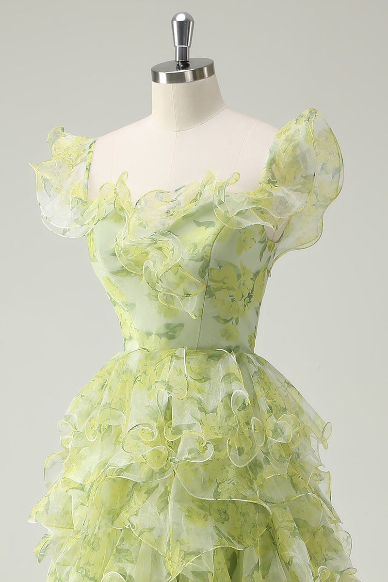Laden Sie das Bild in den Galerie-Viewer, Staubiger Salbei Blumen Rüschen A Linie Langes Ballkleid