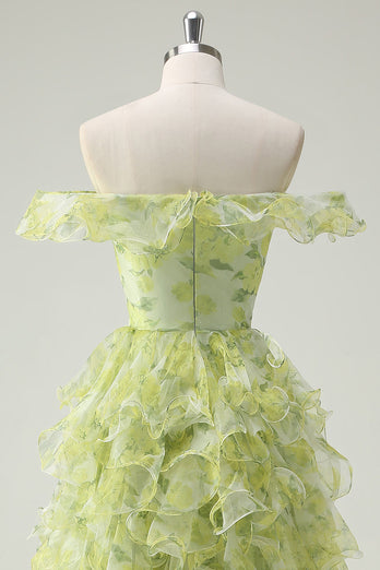 Staubiger Salbei Blumen Rüschen A Linie Langes Ballkleid