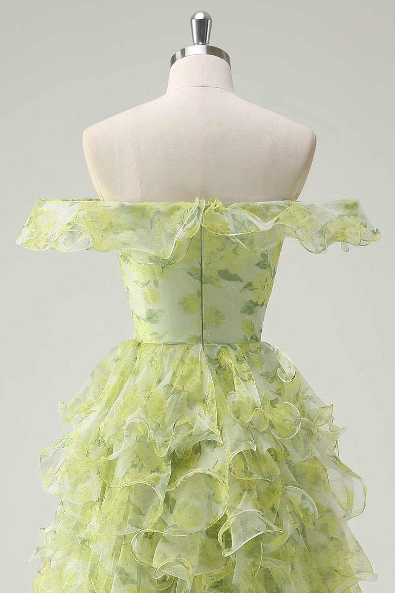 Laden Sie das Bild in den Galerie-Viewer, Staubiger Salbei Blumen Rüschen A Linie Langes Ballkleid