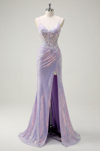 Glitzer Korsett Lila Meerjungfrau Spaghettiträger Langes Ballkleid mit Schlitz