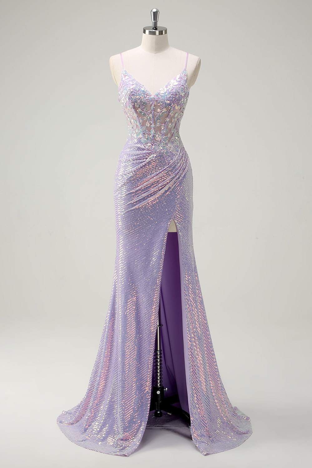 Glitzer Korsett Lila Meerjungfrau Spaghettiträger Langes Ballkleid mit Schlitz