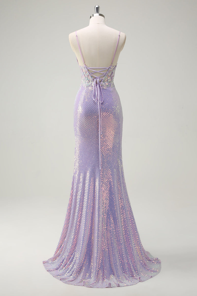 Laden Sie das Bild in den Galerie-Viewer, Glitzer Korsett Lila Meerjungfrau Spaghettiträger Langes Ballkleid mit Schlitz