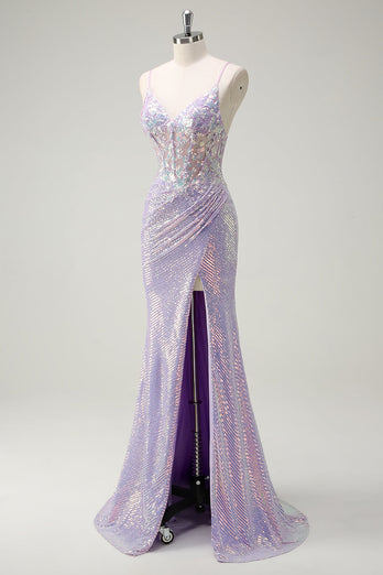 Glitzer Korsett Lila Meerjungfrau Spaghettiträger Langes Ballkleid mit Schlitz