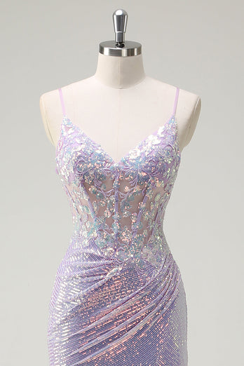 Glitzer Korsett Lila Meerjungfrau Spaghettiträger Langes Ballkleid mit Schlitz
